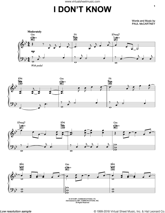 I Don't Know sheet music for voice, piano or guitar by Paul McCartney, intermediate skill level