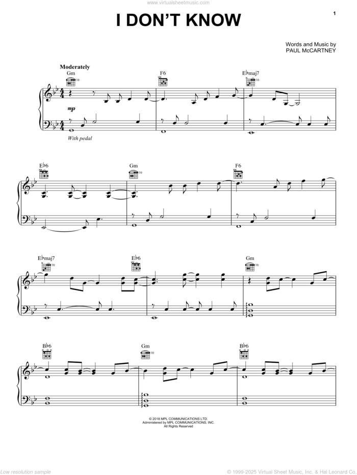 I Don't Know sheet music for voice, piano or guitar by Paul McCartney, intermediate skill level