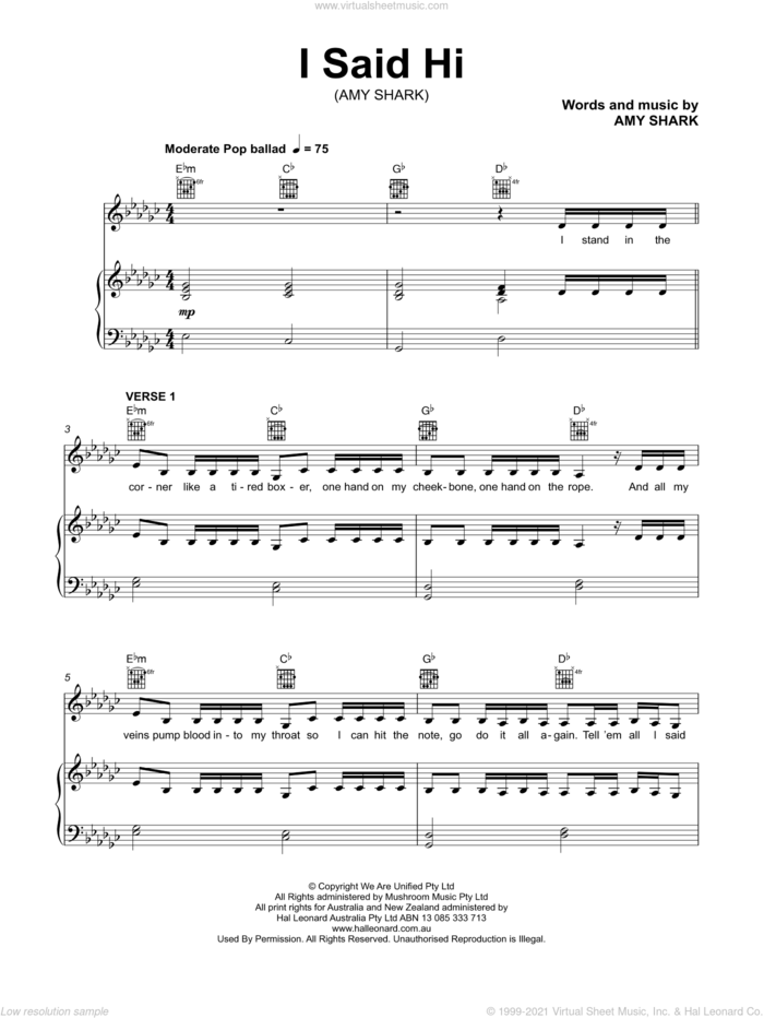 I Said Hi sheet music for voice, piano or guitar by Amy Shark, intermediate skill level