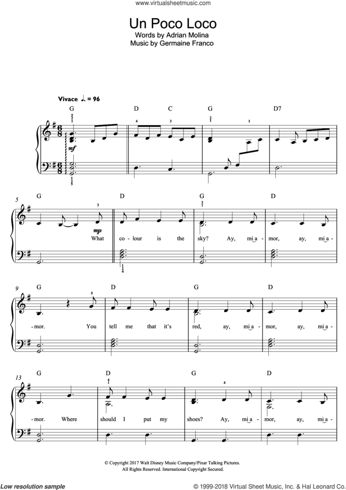 Un Poco Loco (from Coco) sheet music for piano solo (beginners) by Adrian Molina, Germaine Franco and Germaine Franco & Adrian Molina, beginner piano (beginners)