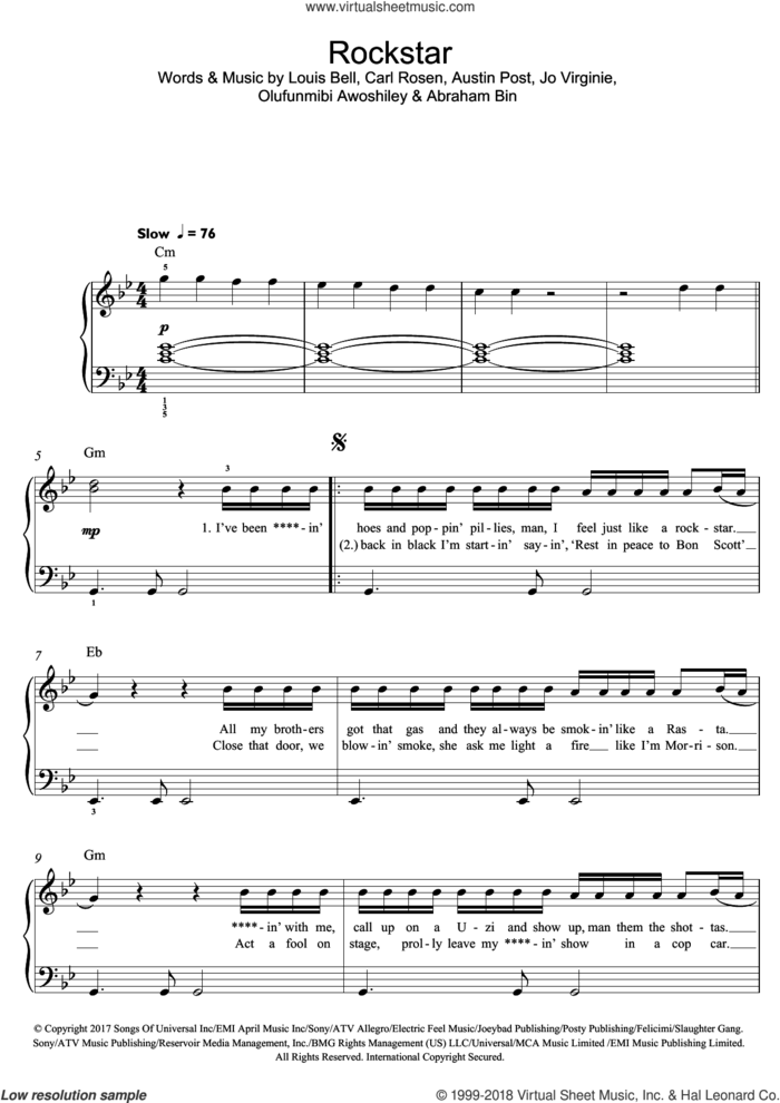 Rockstar (featuring 21 Savage) sheet music for piano solo (beginners) by Post Malone, 21 Savage, Abraham Bin, Austin Post, Carl Rosen, Jo Virginie, Louis Bell and Olufunmibi Awoshiley, beginner piano (beginners)