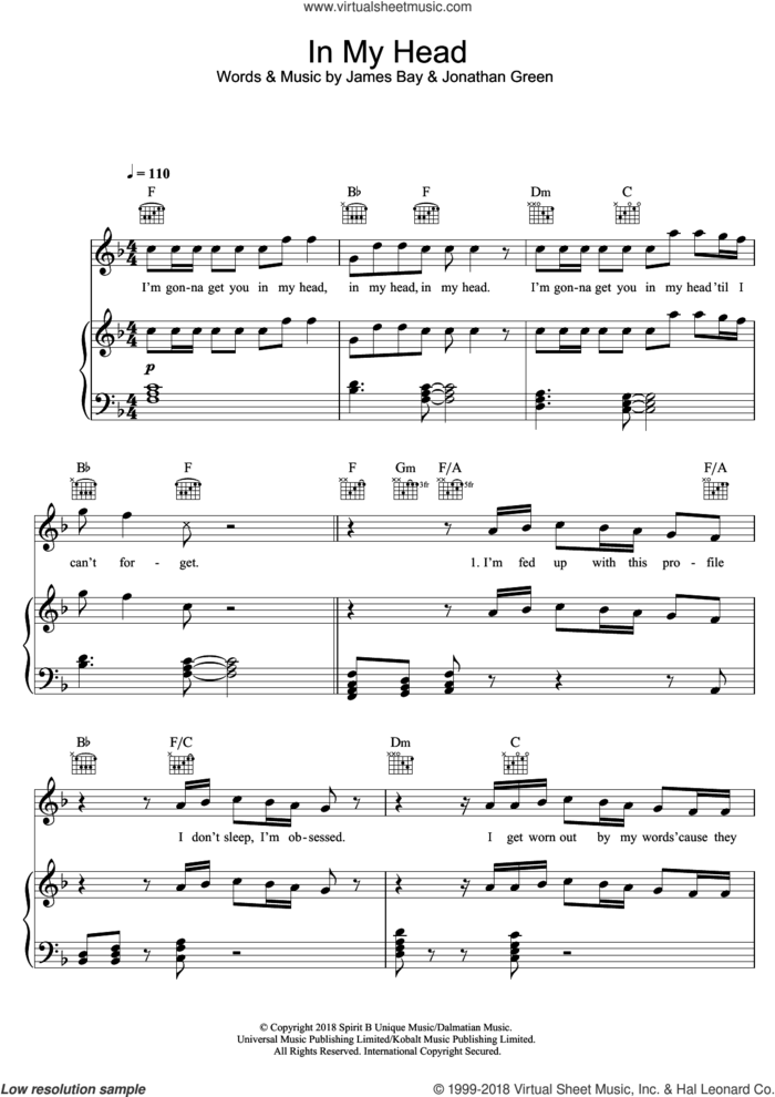 In My Head sheet music for voice, piano or guitar by James Bay and Jonathan Green, intermediate skill level