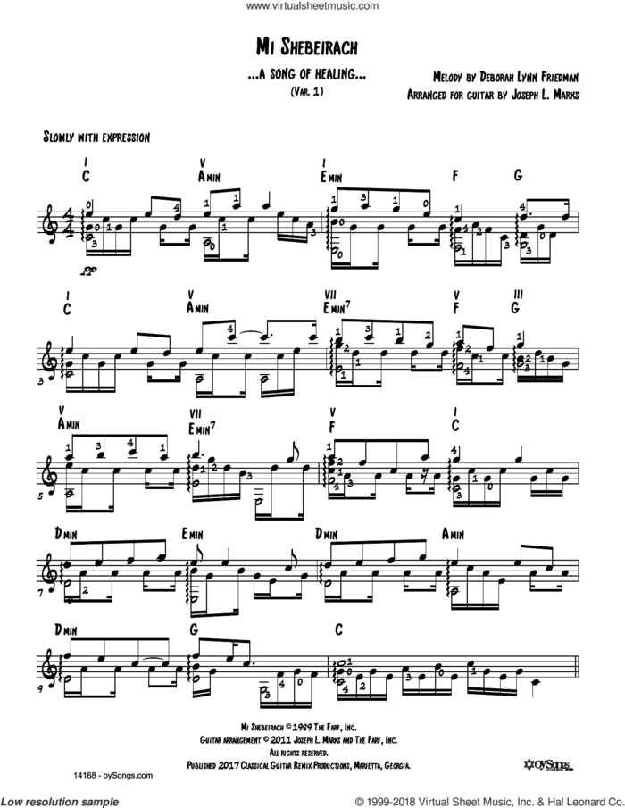 Mi Shebeirach Var 1 (arr. Joe Marks) sheet music for guitar solo by Debbie Friedman and Joe Marks, intermediate skill level