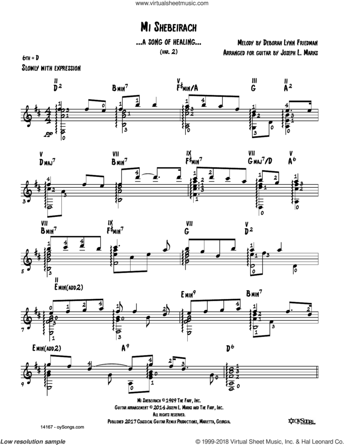 Mi Shebeirach Var 2 (arr. Joe Marks) sheet music for guitar solo by Debbie Friedman and Joe Marks, intermediate skill level