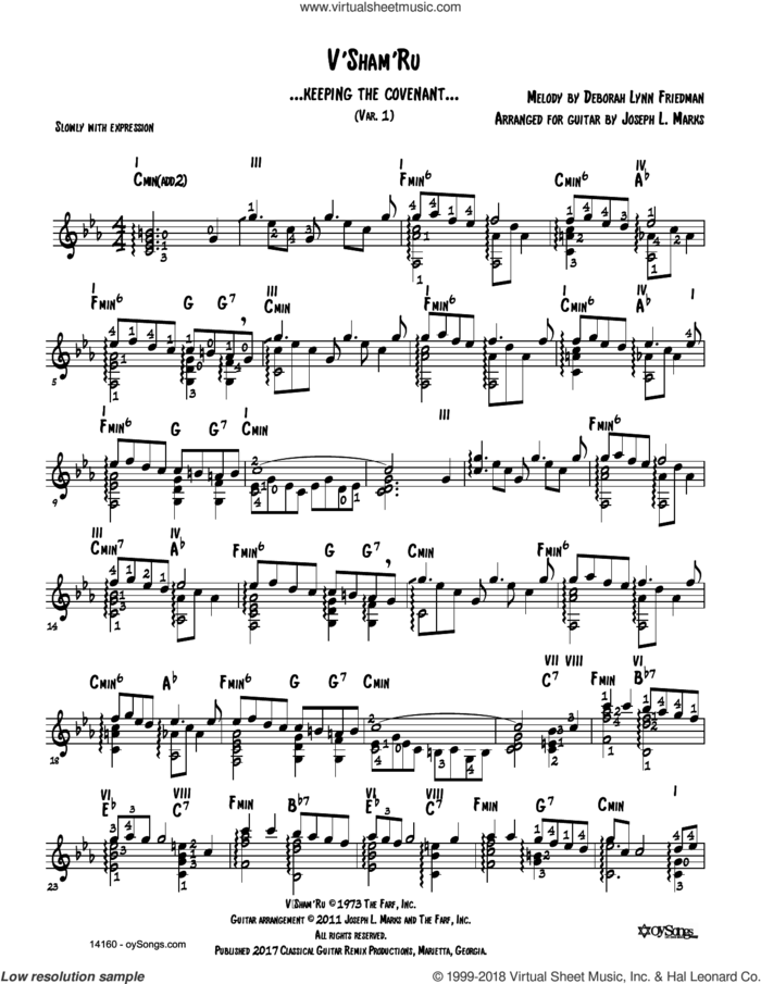 V'shamru Var 1 (arr. Joe Marks) sheet music for guitar solo by Debbie Friedman and Joe Marks, intermediate skill level