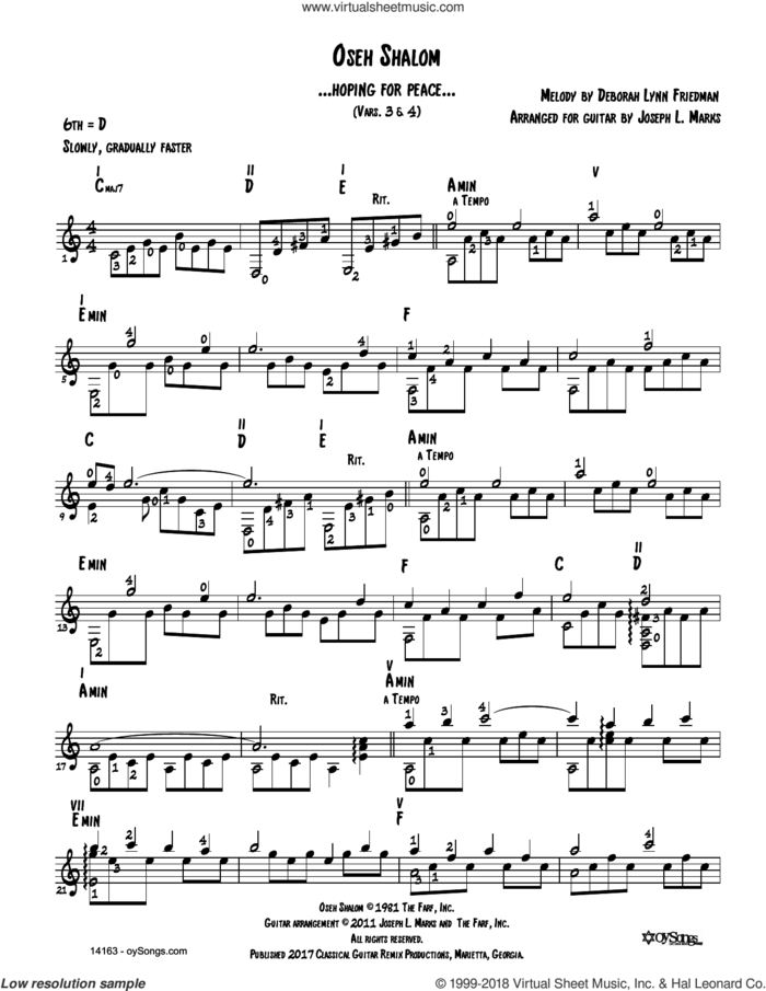 Oseh Shalom Vars 3, 4 (arr. Joe Marks) sheet music for guitar solo by Debbie Friedman and Joe Marks, intermediate skill level