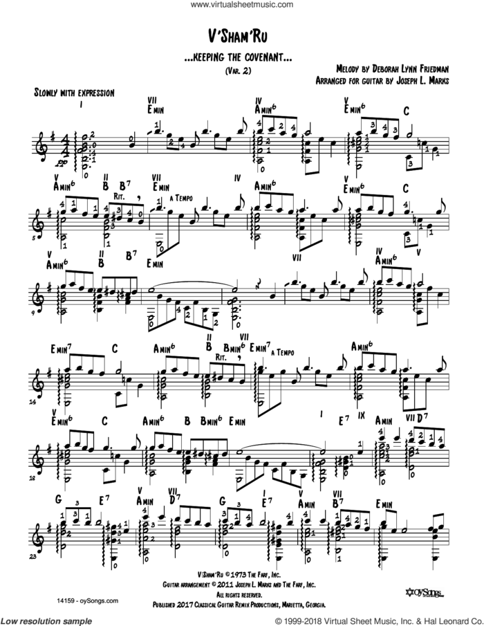 V'shamru Var 2 (arr. Joe Marks) sheet music for guitar solo by Debbie Friedman and Joe Marks, intermediate skill level