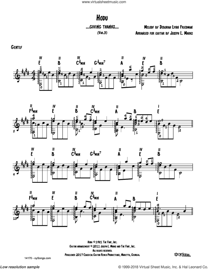 Hodu Vars 1, 2 (arr. Joe Marks) sheet music for guitar solo by Debbie Friedman and Joe Marks, intermediate skill level