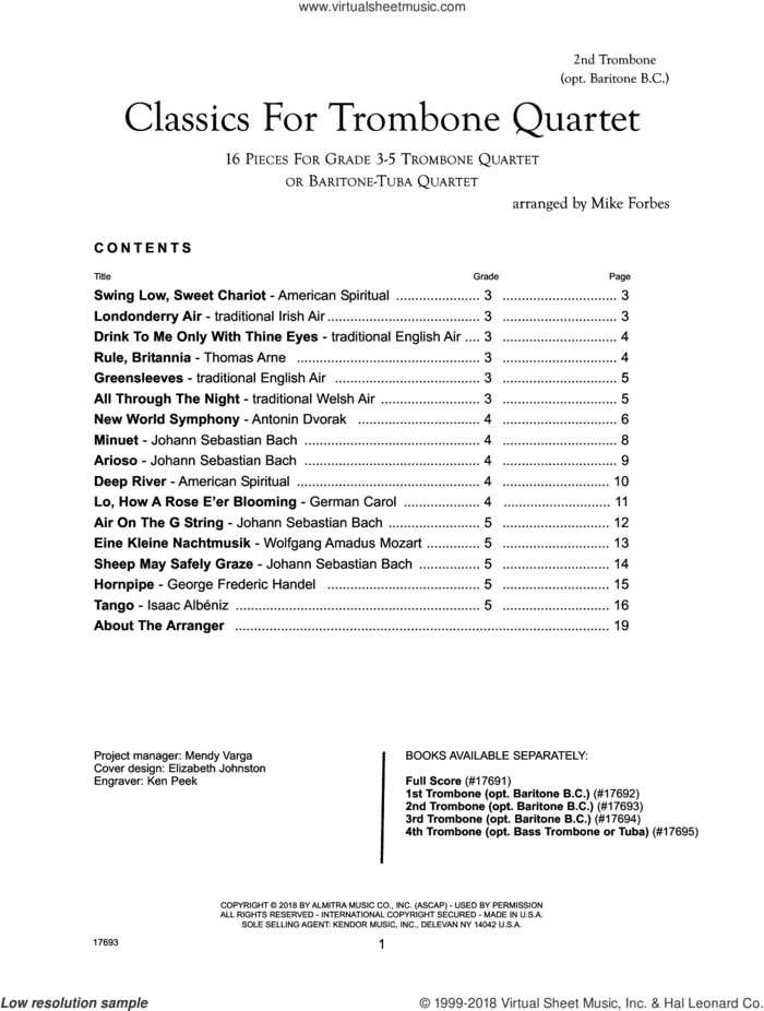Classics For Trombone Quartet - 2nd Trombone sheet music for trombone quartet by Michael Forbes, intermediate skill level