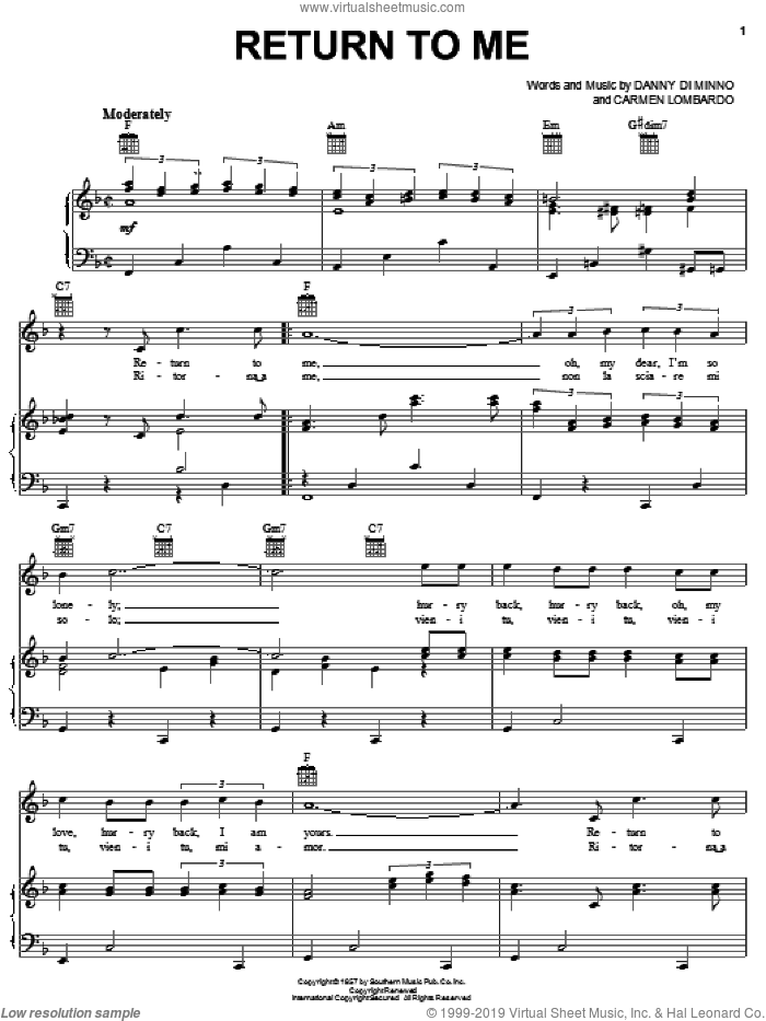 Return To Me sheet music for voice, piano or guitar by Dean Martin, Carmen Lombardo and Danny Di Minno, intermediate skill level