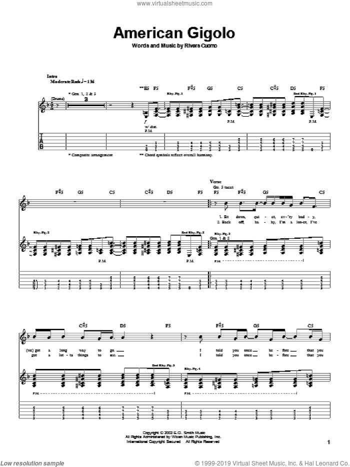 American Gigolo sheet music for guitar (tablature) by Weezer and Rivers Cuomo, intermediate skill level