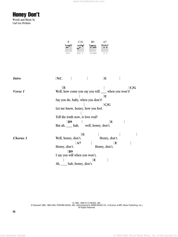 Honey Don't sheet music for guitar (chords) by The Beatles and Carl Perkins, intermediate skill level