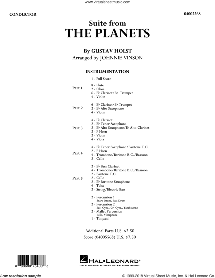 Suite from the Planets (COMPLETE) sheet music for concert band by Johnnie Vinson and Gustav Holst, intermediate skill level