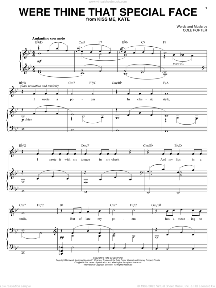 Were Thine That Special Face (from Kiss Me, Kate) sheet music for voice and piano by Joan Frey Boytim and Cole Porter, intermediate skill level