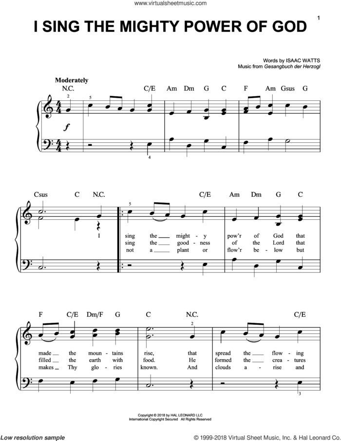 I Sing The Mighty Power Of God sheet music for piano solo by Isaac Watts and Gesangbuch der Herzogl, easy skill level