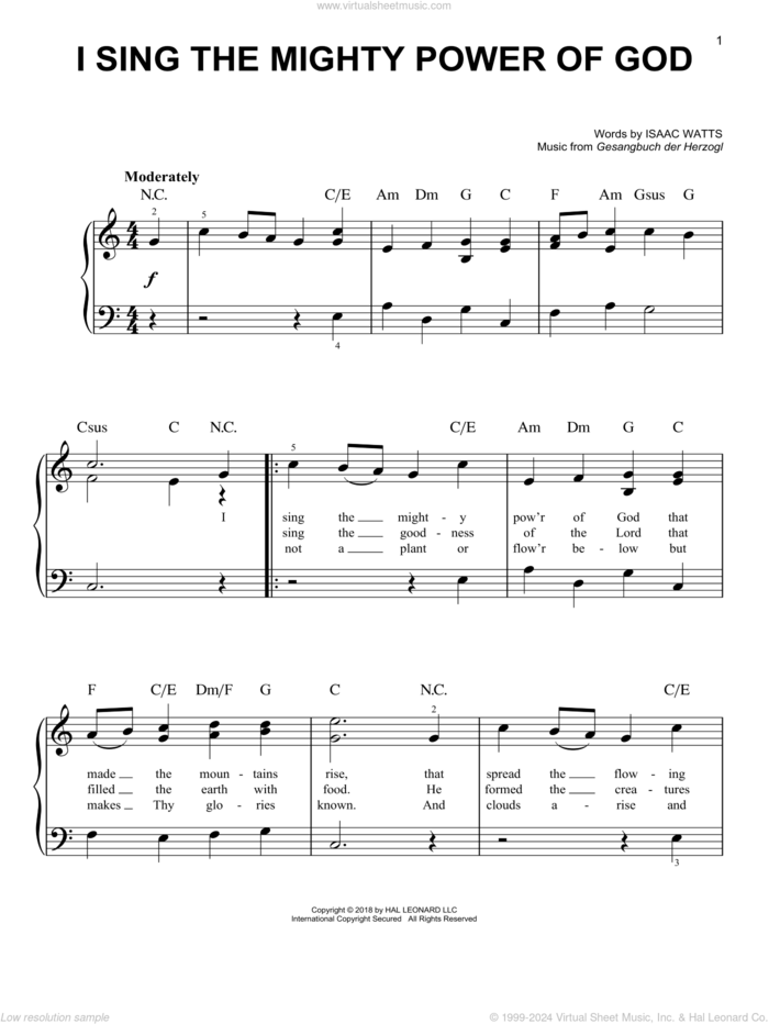 I Sing The Mighty Power Of God sheet music for piano solo by Isaac Watts and Gesangbuch der Herzogl, easy skill level