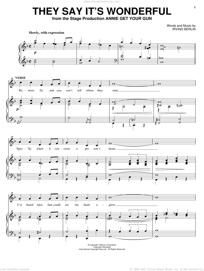 They Say It's Wonderful sheet music for voice and piano by Irving Berlin and Annie Get Your Gun (Musical), intermediate skill level