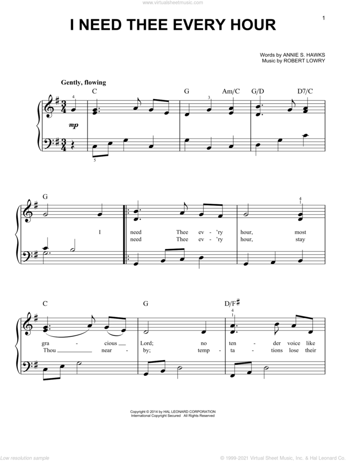 I Need Thee Every Hour sheet music for piano solo by Robert Lowry and Annie S. Hawks, easy skill level
