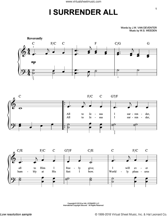 I Surrender All sheet music for piano solo by Judson W. Van De Venter and Winfield S. Weeden, easy skill level