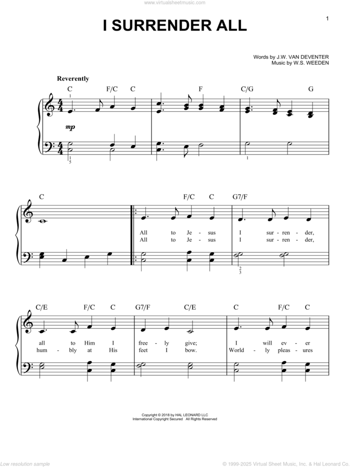 I Surrender All sheet music for piano solo by Winfield S. Weeden and Judson W. Van De Venter, easy skill level