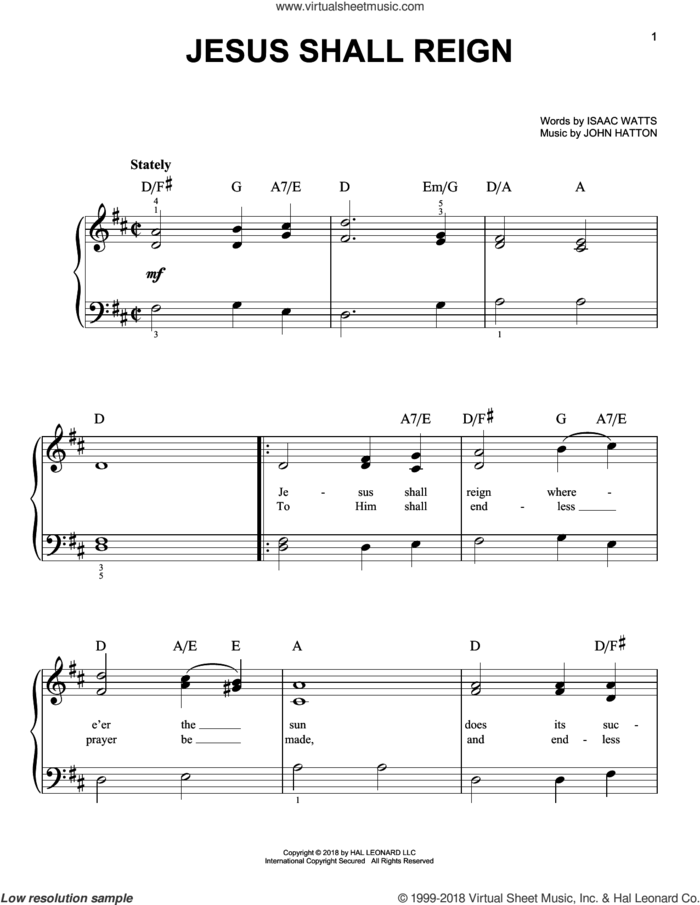 Jesus Shall Reign, (easy) sheet music for piano solo by Isaac Watts and John Hatton, easy skill level