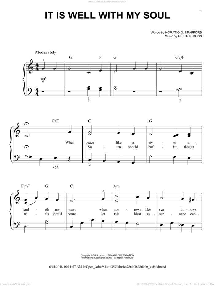 It Is Well With My Soul, (easy) sheet music for piano solo by Philip P. Bliss and Horatio G. Spafford, easy skill level