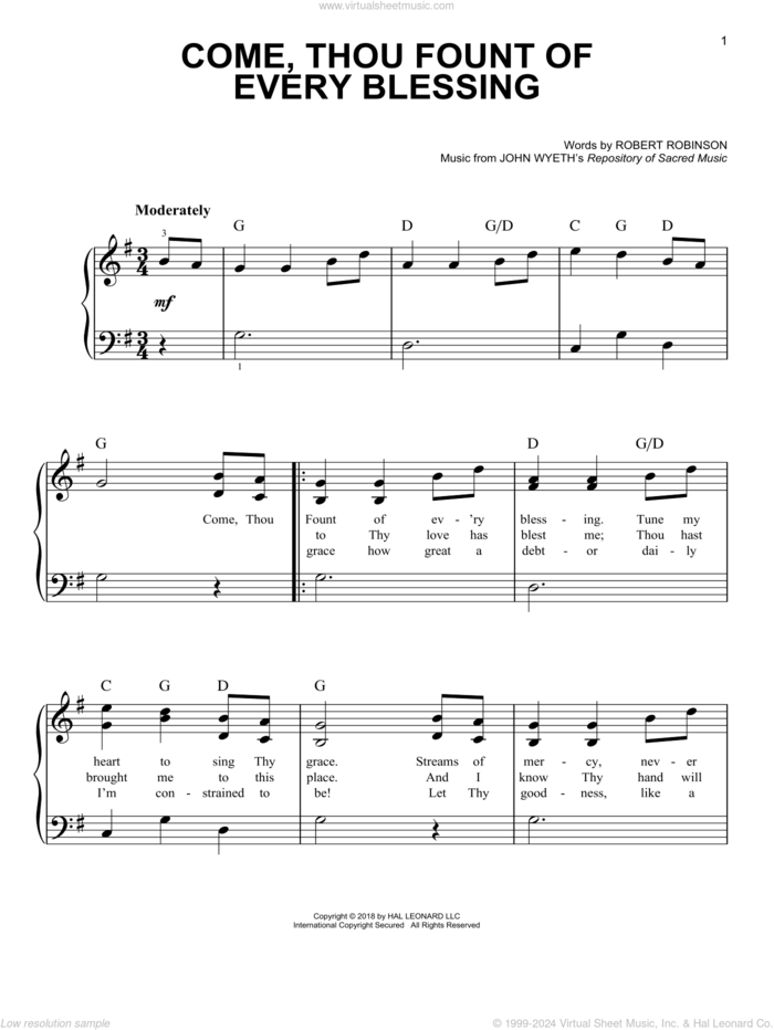 Come, Thou Fount Of Every Blessing, (easy) sheet music for piano solo by Robert Robinson and John Wyeth, easy skill level