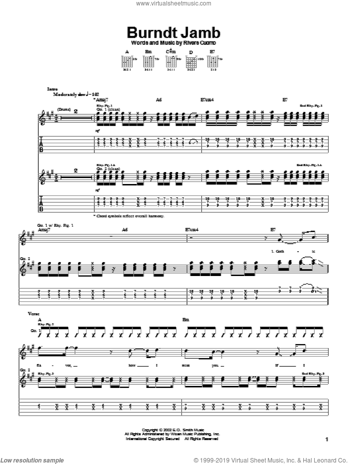 Burndt Jamb sheet music for guitar (tablature) by Weezer and Rivers Cuomo, intermediate skill level