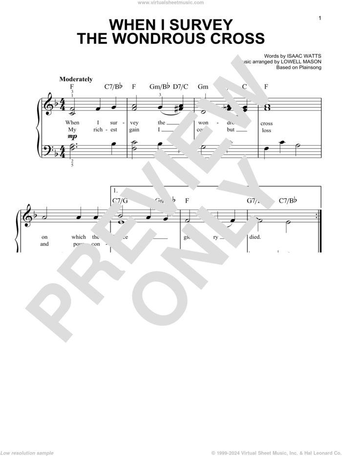 When I Survey The Wondrous Cross, (easy) sheet music for piano solo by Isaac Watts, Lowell Mason and Miscellaneous, easy skill level