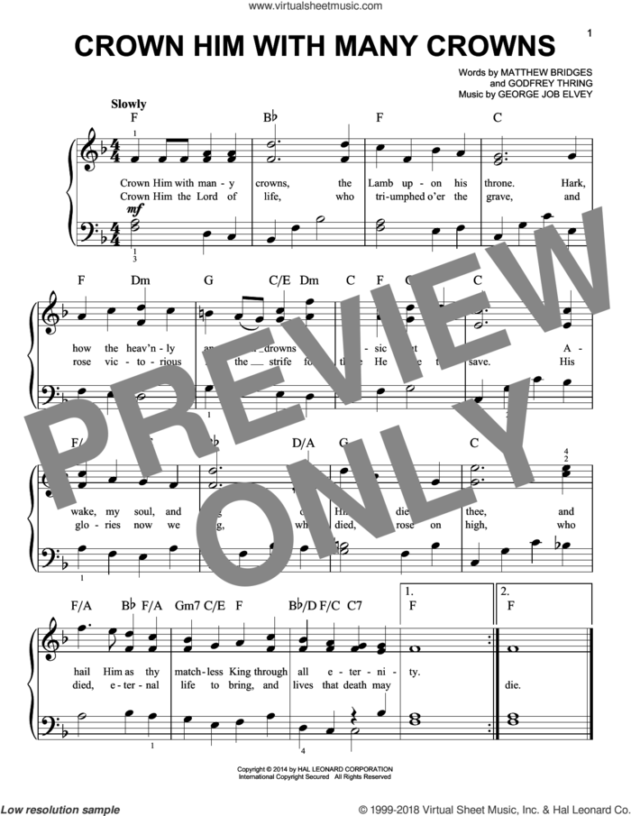 Crown Him With Many Crowns, (easy) sheet music for piano solo by George Job Elvey, Godfrey Thring and Matthew Bridges, easy skill level