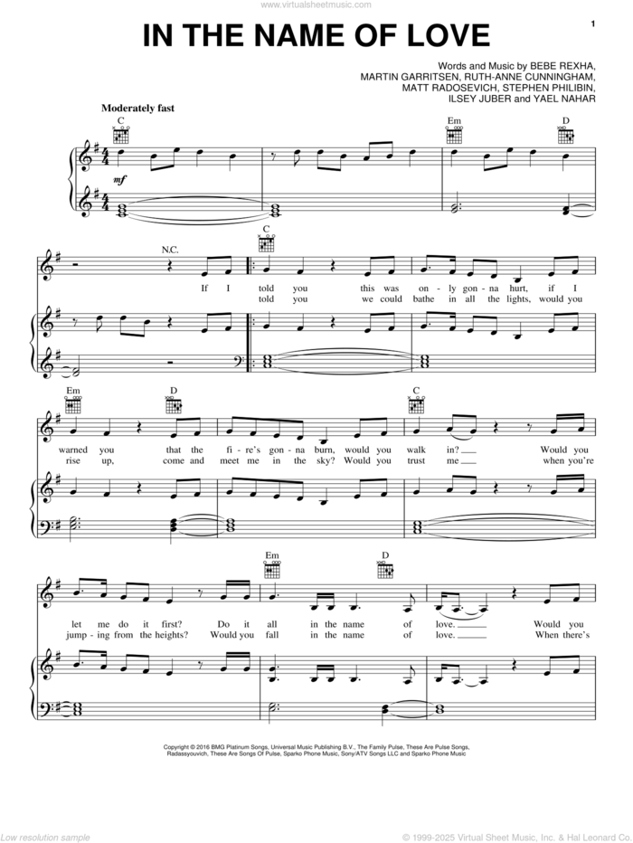 In The Name Of Love sheet music for voice, piano or guitar by Martin Garrix & Bebe Rexha, Bebe Rexha, Ilsey Juber, Martijn Garritsen, Matt Radosevich, Ruth Anne Cunningham, Stephen Philibin and Yael Ezra Nahar, intermediate skill level