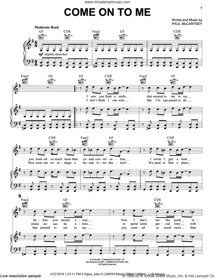 Come On To Me sheet music for voice, piano or guitar by Paul McCartney, intermediate skill level