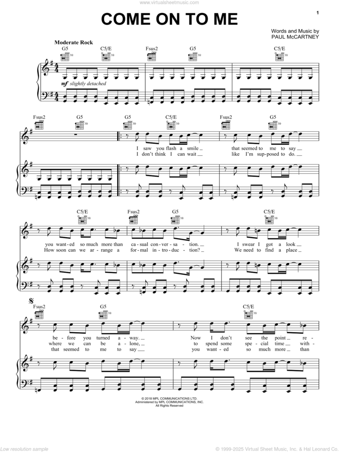 Come On To Me sheet music for voice, piano or guitar by Paul McCartney, intermediate skill level