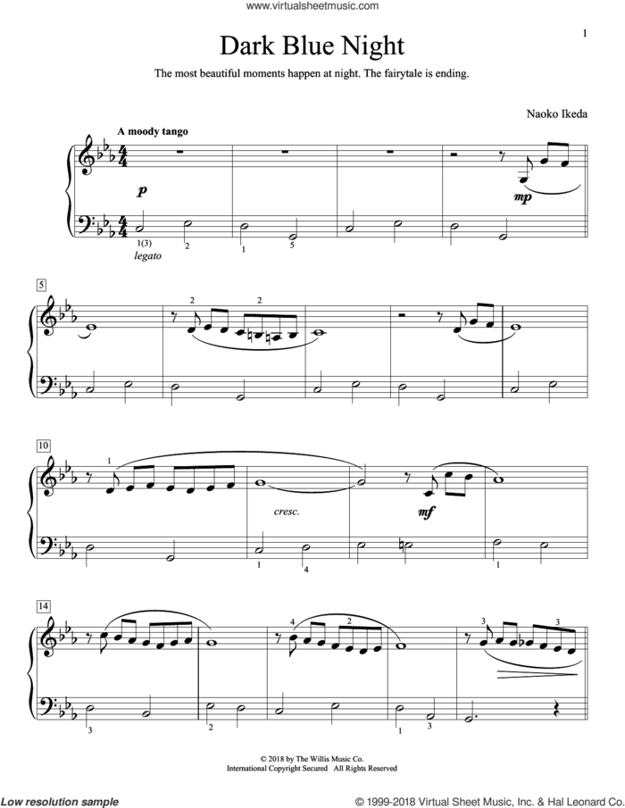 Dark Blue Night sheet music for piano solo (elementary) by Naoko Ikeda, beginner piano (elementary)