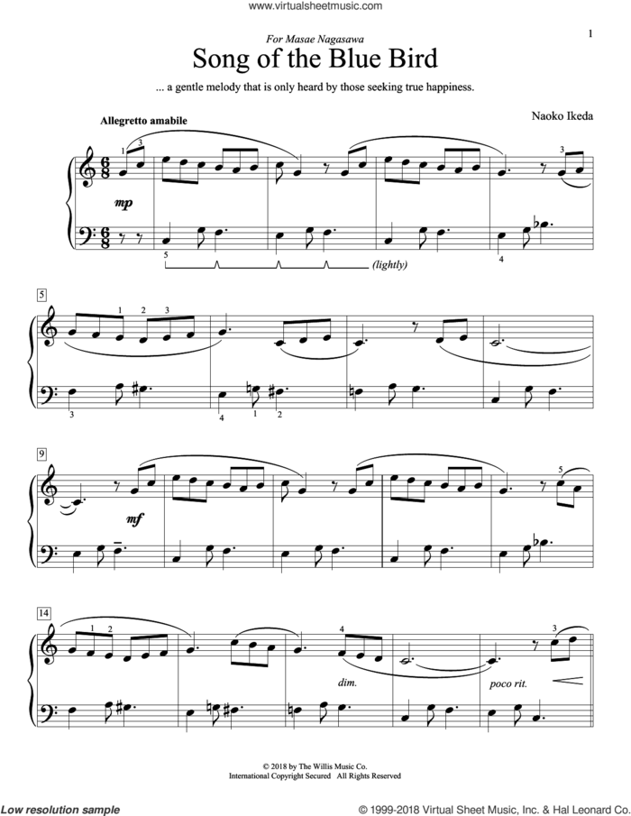 Song Of The Blue Bird sheet music for piano solo (elementary) by Naoko Ikeda, beginner piano (elementary)
