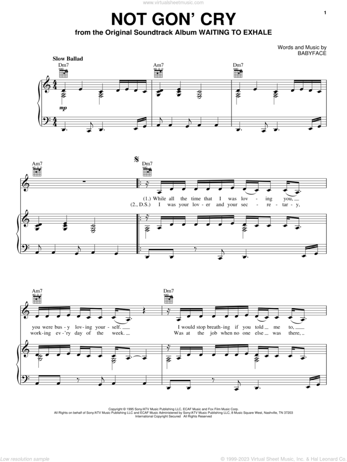 Not Gon' Cry sheet music for voice, piano or guitar by Mary J. Blige and Babyface, intermediate skill level