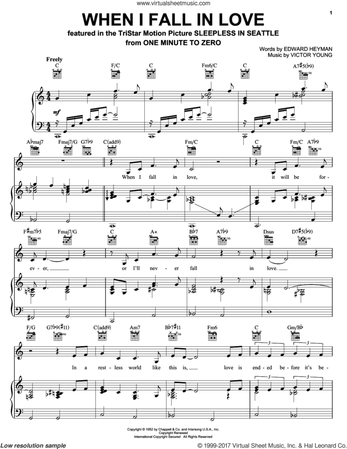 When I Fall In Love sheet music for voice, piano or guitar by Celine Dion, David Foster, Doris Day, Edward Heyman and Victor Young, intermediate skill level