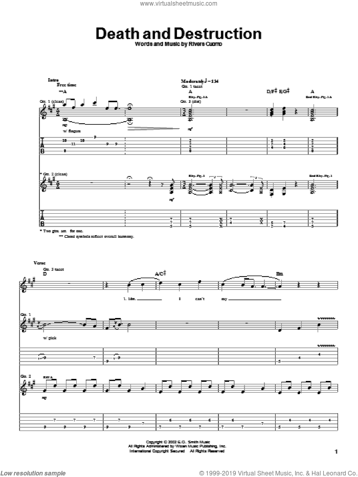 Death And Destruction sheet music for guitar (tablature) by Weezer and Rivers Cuomo, intermediate skill level