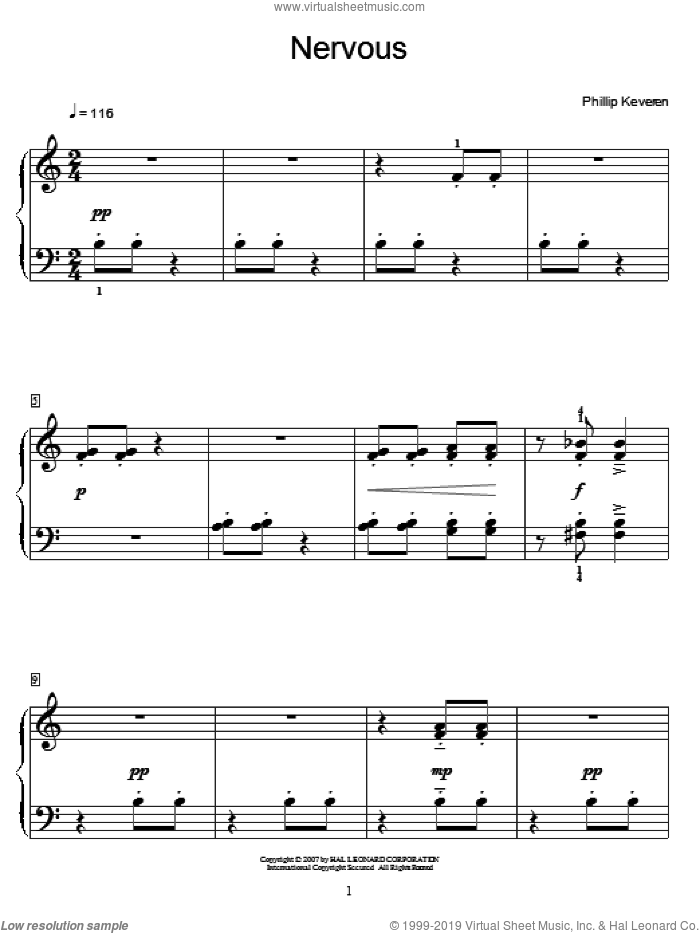 Nervous sheet music for piano solo by Phillip Keveren and Miscellaneous, intermediate skill level