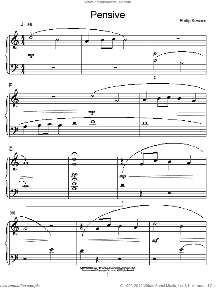Pensive sheet music for piano solo by Phillip Keveren and Miscellaneous, intermediate skill level