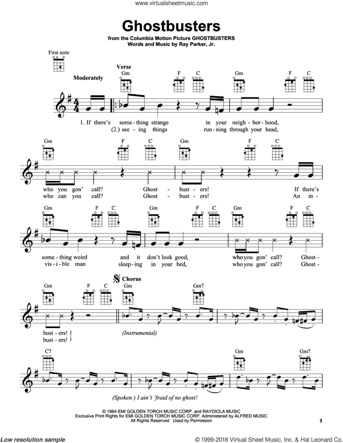 Ghostbusters sheet music for ukulele by Ray Parker Jr., intermediate skill level