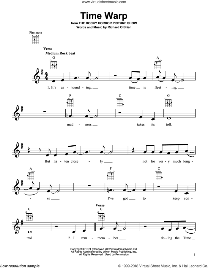 Time Warp sheet music for ukulele by Richard O'Brien, intermediate skill level