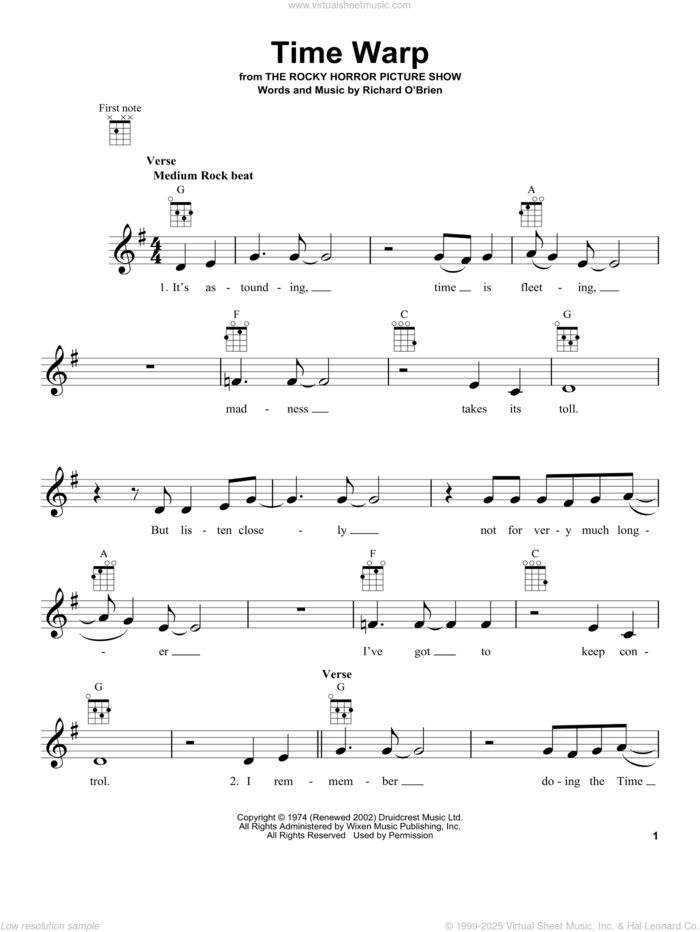 Time Warp sheet music for ukulele by Richard O'Brien, intermediate skill level