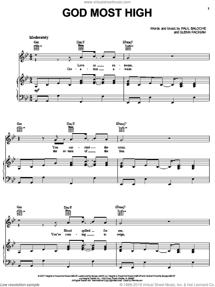 God Most High sheet music for voice, piano or guitar by Paul Baloche and Glenn Packiam, intermediate skill level