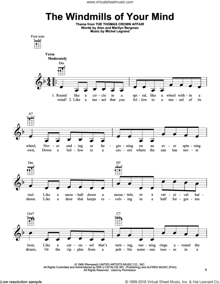 The Windmills Of Your Mind sheet music for ukulele by Michel Legrand, Alan Bergman and Marilyn Bergman, intermediate skill level