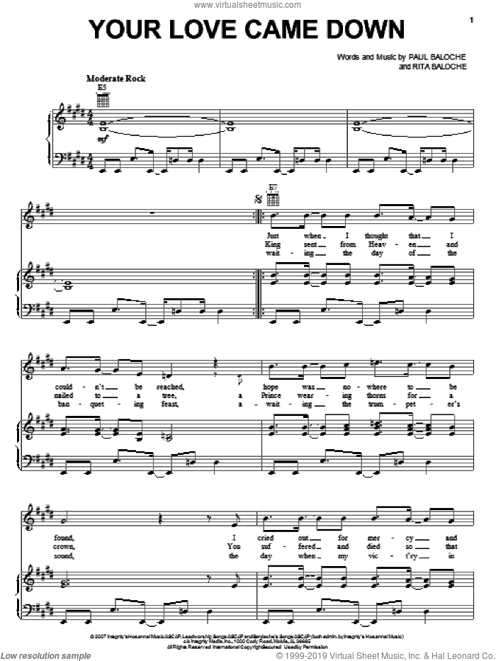 Your Love Came Down sheet music for voice, piano or guitar by Paul Baloche and Rita Baloche, intermediate skill level