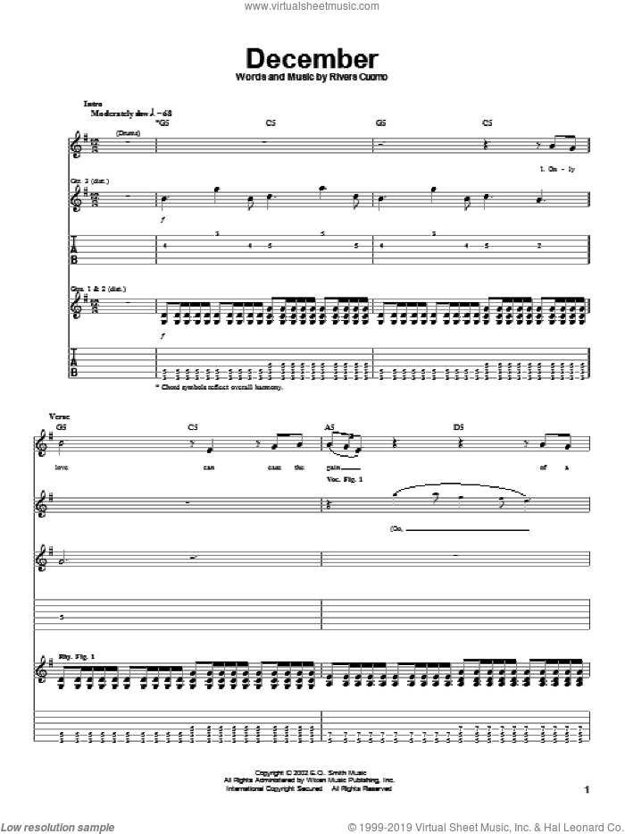 December sheet music for guitar (tablature) by Weezer and Rivers Cuomo, intermediate skill level