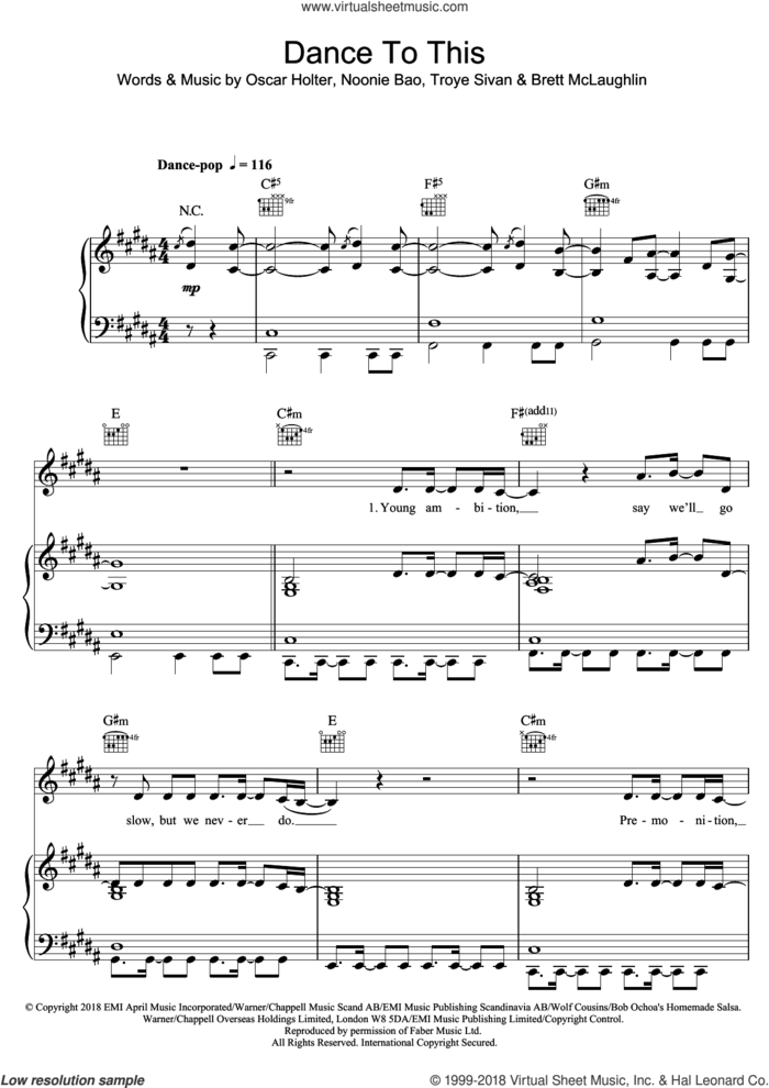 Dance To This (featuring Ariana Grande) sheet music for voice, piano or guitar by Troye Sivan, Ariana Grande, Brett McLaughlin, Noonie Bao and Oscar Holter, intermediate skill level