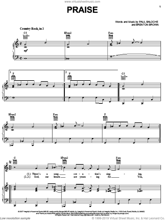 Praise sheet music for voice, piano or guitar by Paul Baloche and Brenton Brown, intermediate skill level