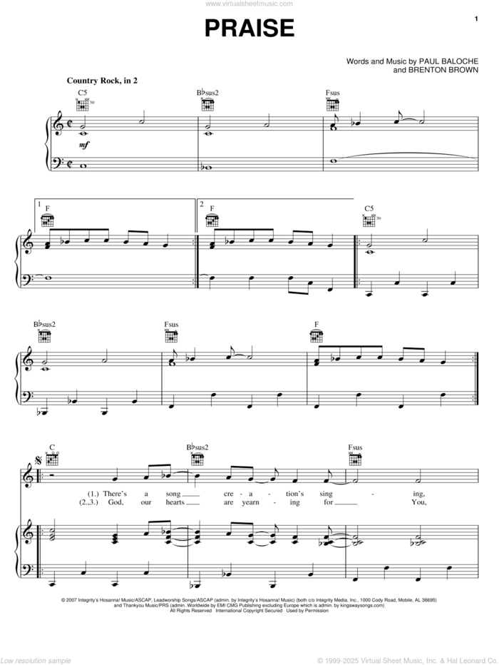 Praise sheet music for voice, piano or guitar by Paul Baloche and Brenton Brown, intermediate skill level